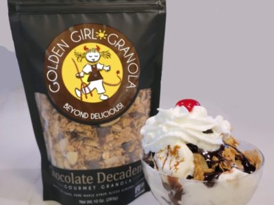 Chocolate decadence granola on ice cream sundae
