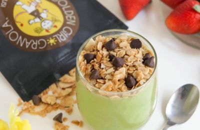 Matcha pudding with Chocolate Decadence granola