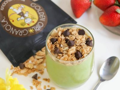 Matcha pudding with Chocolate Decadence granola