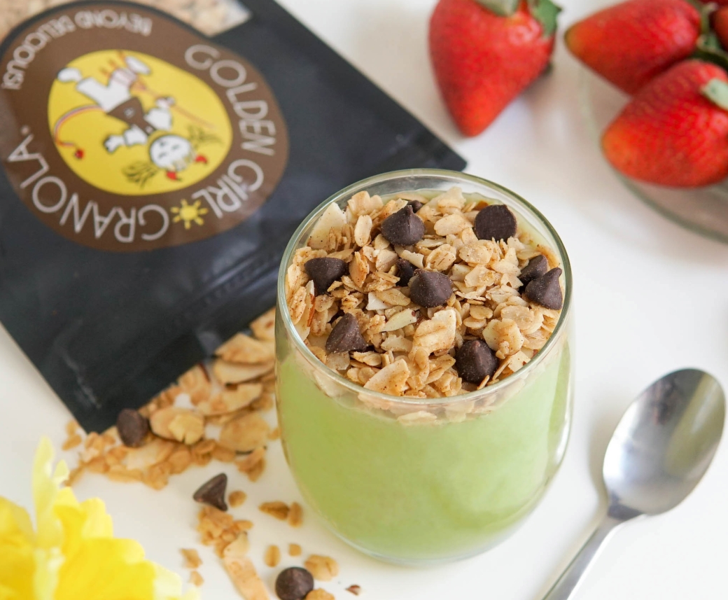 Matcha pudding with Chocolate Decadence granola