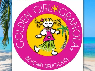 Truly Tropical granola logo with beach background.