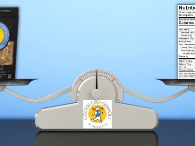 Original granola bag and nutrition facts balancing on a scale.