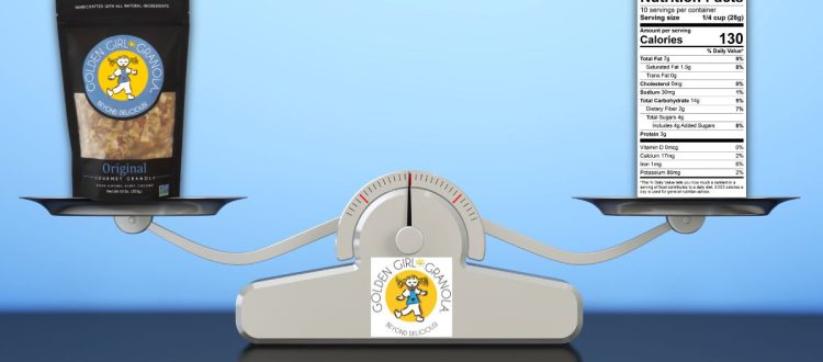 Original granola bag and nutrition facts balancing on a scale.